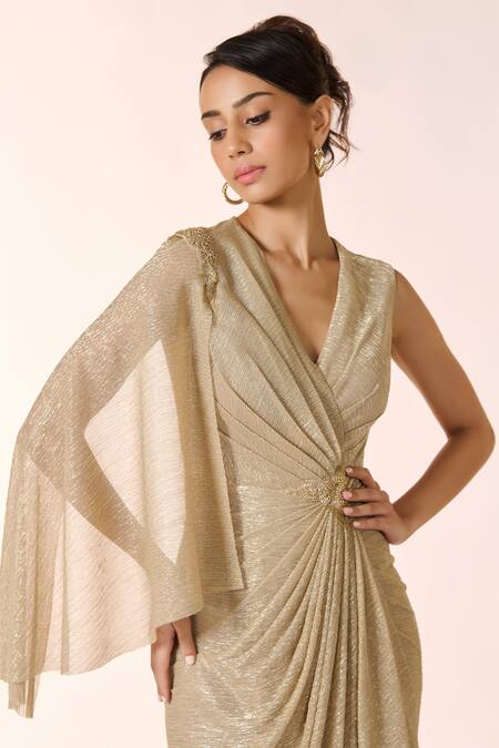 Buy S&N By Shantnu Nikhil Gold Lurex Embroidery V-neck Crest Draped Dress Online at Aza Fashions Buy_S&N By Shantnu Nikhil_Gold Lurex Embroidery V-neck Crest Draped Dress_Online_at_Aza_Fashions
