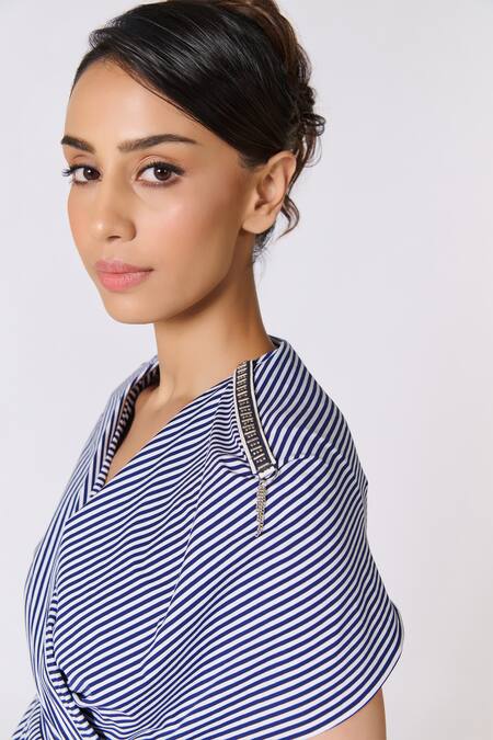 S&N By Shantnu Nikhil_Off White Polyester, Jersey V-neck Striped Draped Dress_Online_at_Aza_Fashions