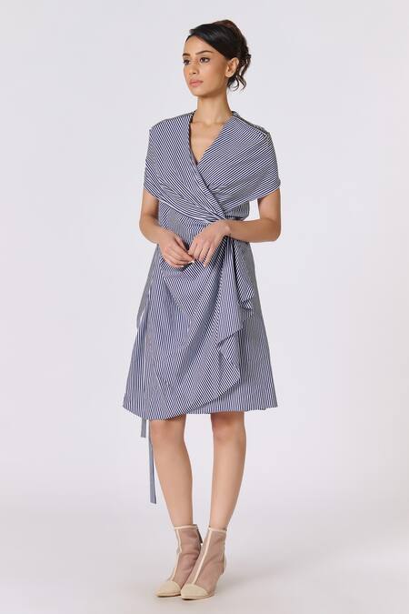 Buy_S&N By Shantnu Nikhil_Off White Polyester, Jersey V-neck Striped Draped Dress_Online_at_Aza_Fashions