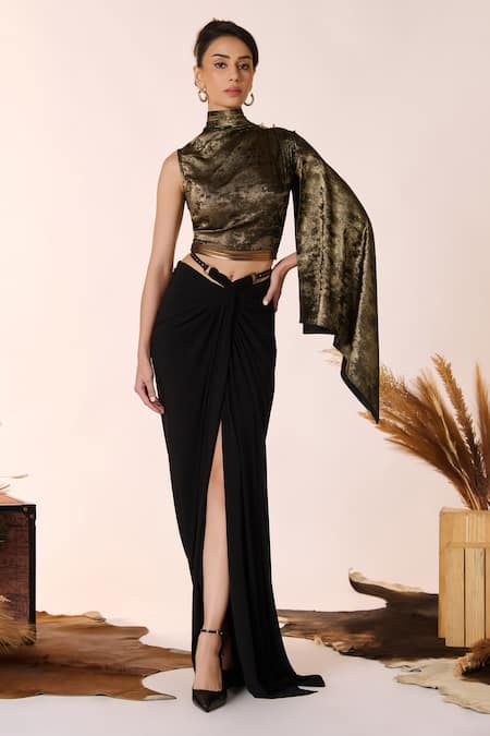 S&N by Shantnu Nikhil Black Sandwash Foil High Neck One Shoulder Draped Crop Top 