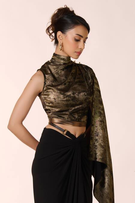 S&N By Shantnu Nikhil Black Faux Leather High Neck One Shoulder Draped Foil Crop Top Online at Aza Fashions S&N By Shantnu Nikhil_Black Faux Leather High Neck One Shoulder Draped Foil Crop Top_Online_at_Aza_Fashions