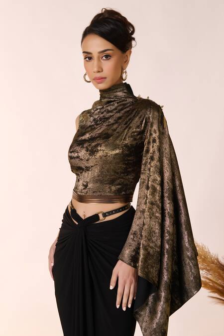 Buy S&N By Shantnu Nikhil Black Faux Leather High Neck One Shoulder Draped Foil Crop Top Online at Aza Fashions Buy_S&N By Shantnu Nikhil_Black Faux Leather High Neck One Shoulder Draped Foil Crop Top_Online_at_Aza_Fashions