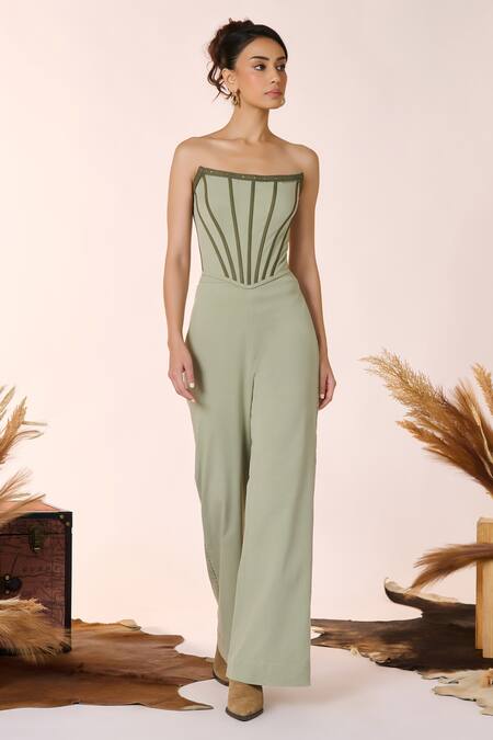 S&N By Shantnu Nikhil Green Twill Off-shoulder Structured Corset Top Online at Aza Fashions S&N By Shantnu Nikhil_Green Twill Off-shoulder Structured Corset Top_Online_at_Aza_Fashions