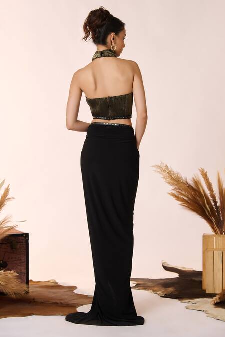 Shop S&N By Shantnu Nikhil Black Faux Leather Foil Printing Halter Neck Metallic Embellished Crop Top at Aza Fashions Shop_S&N By Shantnu Nikhil_Black Faux Leather Foil Printing Halter Neck Metallic Embellished Crop Top_at_Aza_Fashions