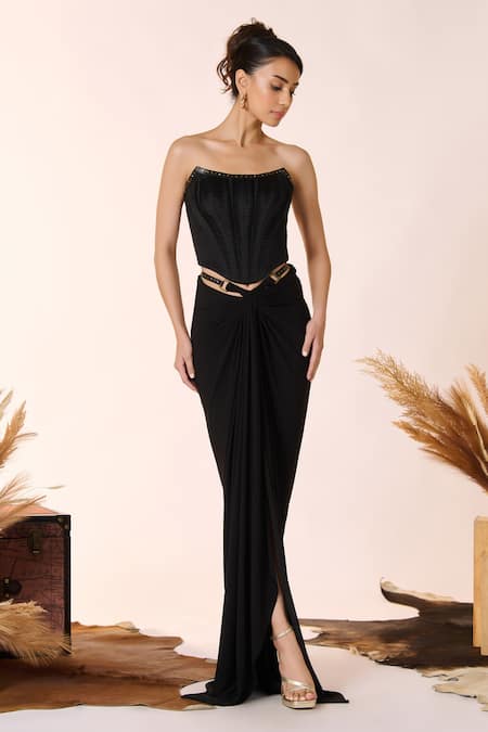 S&N by Shantnu Nikhil Black Poly Blend Off Shoulder Metal Stud Embellished Spunky Pleated Corset Top 