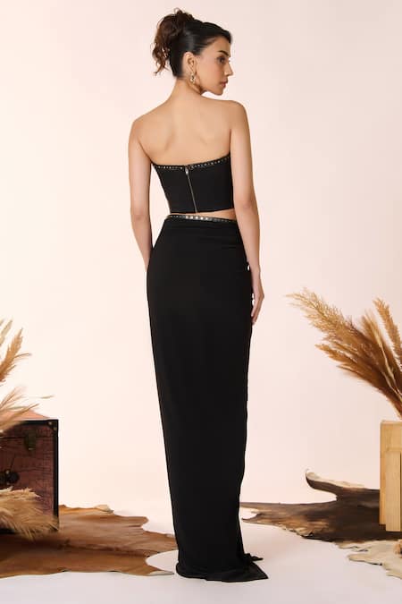 Shop S&N By Shantnu Nikhil Black Lycra, Polyester Studs Metal Embellished Spunky Pleated Corset Top at Aza Fashions Shop_S&N By Shantnu Nikhil_Black Lycra, Polyester Studs Metal Embellished Spunky Pleated Corset Top_at_Aza_Fashions
