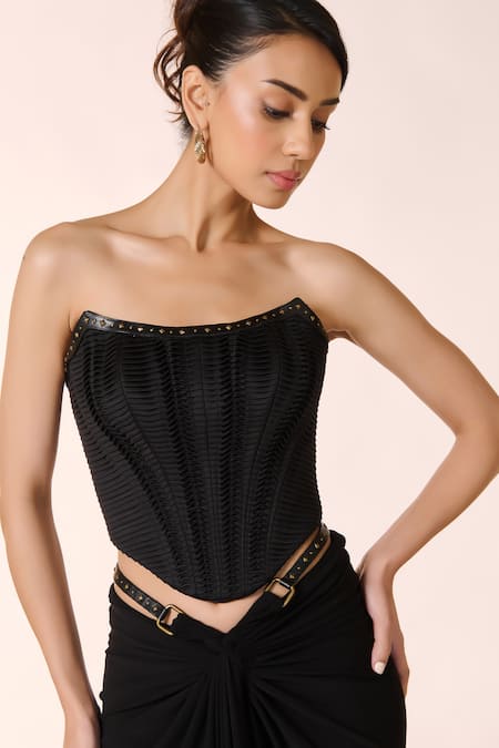 S&N By Shantnu Nikhil Black Lycra, Polyester Studs Metal Embellished Spunky Pleated Corset Top Online at Aza Fashions S&N By Shantnu Nikhil_Black Lycra, Polyester Studs Metal Embellished Spunky Pleated Corset Top_Online_at_Aza_Fashions