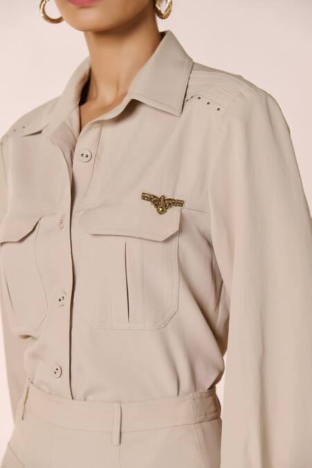 S&N By Shantnu Nikhil_Beige Rayon, Polyester Collared Front Patch Pocket Shirt_Online_at_Aza_Fashions