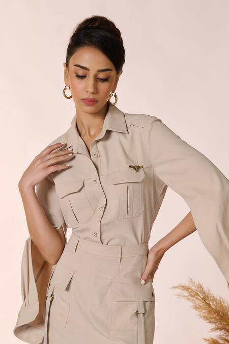 Buy_S&N By Shantnu Nikhil_Beige Rayon, Polyester Collared Front Patch Pocket Shirt_Online_at_Aza_Fashions