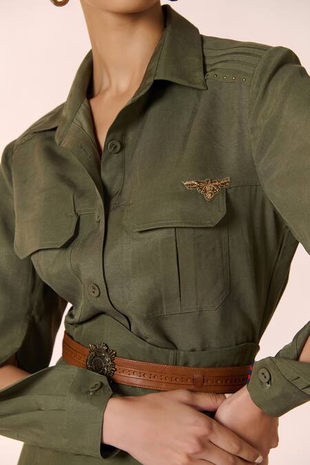 Buy_S&N By Shantnu Nikhil_Green Lycra Collared Front Patch Pocket Cuff Sleeves Shirt_Online_at_Aza_Fashions