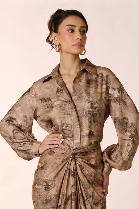 S&N By Shantnu Nikhil Beige Silk Embroidery Collared Vintage Village Print Shirt Online at Aza Fashions S&N By Shantnu Nikhil_Beige Silk Embroidery Collared Vintage Village Print Shirt_Online_at_Aza_Fashions