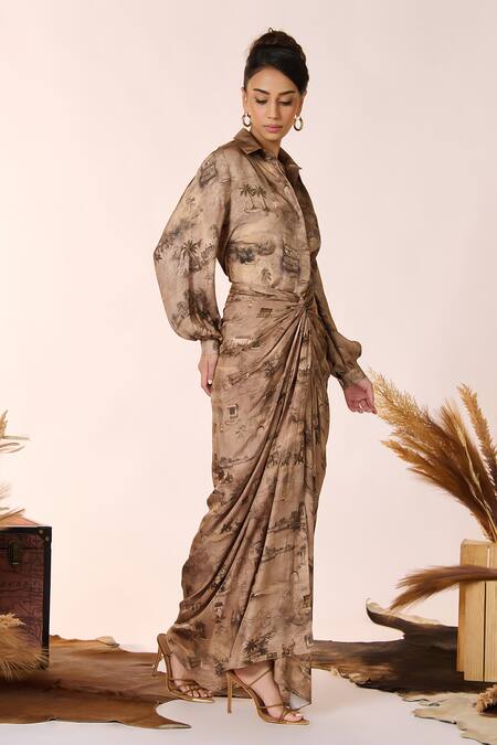 Buy S&N By Shantnu Nikhil Beige Silk Embroidery Collared Vintage Village Print Shirt Online at Aza Fashions Buy_S&N By Shantnu Nikhil_Beige Silk Embroidery Collared Vintage Village Print Shirt_Online_at_Aza_Fashions