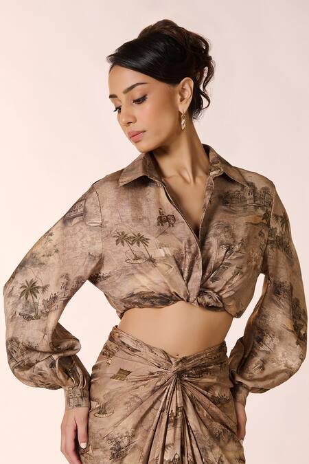 Shop S&N By Shantnu Nikhil Beige Silk Embroidery Collared Vintage Village Print Shirt Online at Aza Fashions Shop_S&N By Shantnu Nikhil_Beige Silk Embroidery Collared Vintage Village Print Shirt_Online_at_Aza_Fashions