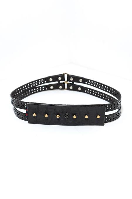 Shop_S&N By Shantnu Nikhil_Black Buckles Leather Handcrafted Belt_at_Aza_Fashions