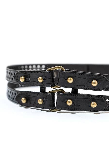 S&N By Shantnu Nikhil_Black Buckles Leather Handcrafted Belt_Online_at_Aza_Fashions
