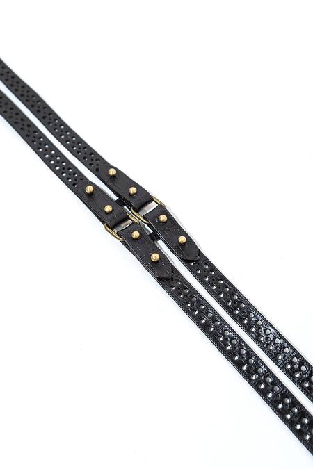 Buy_S&N By Shantnu Nikhil_Black Buckles Leather Handcrafted Belt_Online_at_Aza_Fashions
