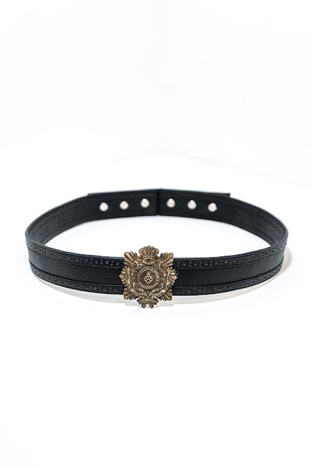 S&N by Shantnu Nikhil Black Aerial Crest Leather Belt 