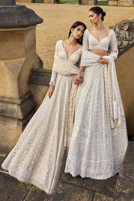 Buy_Seema Gujral_Beige Net Pearls, Sequins, Embroidery V-neck Bridal Lehenga Set _Online_at_Aza_Fashions