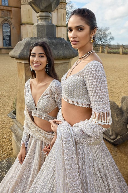 Shop_Seema Gujral_Beige Net Pearls, Sequins, Embroidery V-neck Bridal Lehenga Set _Online_at_Aza_Fashions