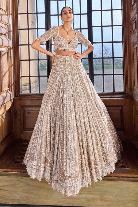 Seema Gujral Gold Net Pearls, Sequins, Beads Sweetheart Embroidered Bridal Lehenga Blouse Set Online at Aza Fashions Seema Gujral_Gold Net Pearls, Sequins, Beads Sweetheart Embroidered Bridal Lehenga Blouse Set _Online_at_Aza_Fashions