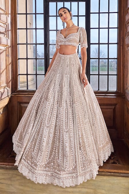 Shop Seema Gujral Gold Net Pearls, Sequins, Beads Sweetheart Embroidered Bridal Lehenga Blouse Set Online at Aza Fashions Shop_Seema Gujral_Gold Net Pearls, Sequins, Beads Sweetheart Embroidered Bridal Lehenga Blouse Set _Online_at_Aza_Fashions