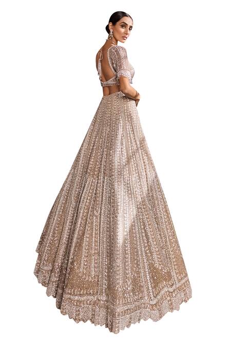 Seema Gujral Gold Net Pearls, Sequins, Beads Sweetheart Embroidered Bridal Lehenga Blouse Set at Aza Fashions Seema Gujral_Gold Net Pearls, Sequins, Beads Sweetheart Embroidered Bridal Lehenga Blouse Set _at_Aza_Fashions