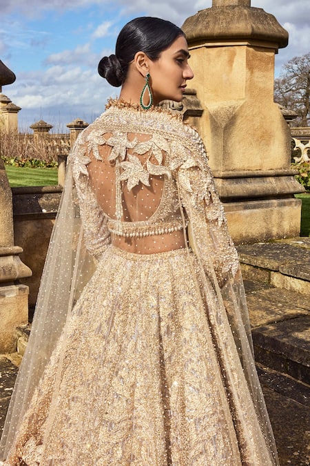 Seema Gujral Rose Gold Net Sequins, Crystals, Metallic Floral Embroidered Bridal Lehenga Set Online at Aza Fashions Seema Gujral_Rose Gold Net Sequins, Crystals, Metallic Floral Embroidered Bridal Lehenga Set _Online_at_Aza_Fashions