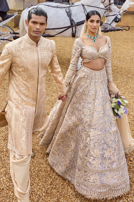 Buy Seema Gujral Rose Gold Net Sequins, Crystals, Metallic Floral Embroidered Bridal Lehenga Set Online at Aza Fashions Buy_Seema Gujral_Rose Gold Net Sequins, Crystals, Metallic Floral Embroidered Bridal Lehenga Set _Online_at_Aza_Fashions