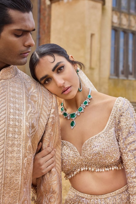 Shop Seema Gujral Rose Gold Net Sequins, Crystals, Metallic Floral Embroidered Bridal Lehenga Set Online at Aza Fashions Shop_Seema Gujral_Rose Gold Net Sequins, Crystals, Metallic Floral Embroidered Bridal Lehenga Set _Online_at_Aza_Fashions