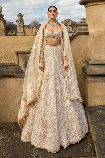 Seema Gujral Rose Gold Net Sequins, Crystals, Metallic Floral Embroidered Bridal Lehenga Set at Aza Fashions Seema Gujral_Rose Gold Net Sequins, Crystals, Metallic Floral Embroidered Bridal Lehenga Set _at_Aza_Fashions