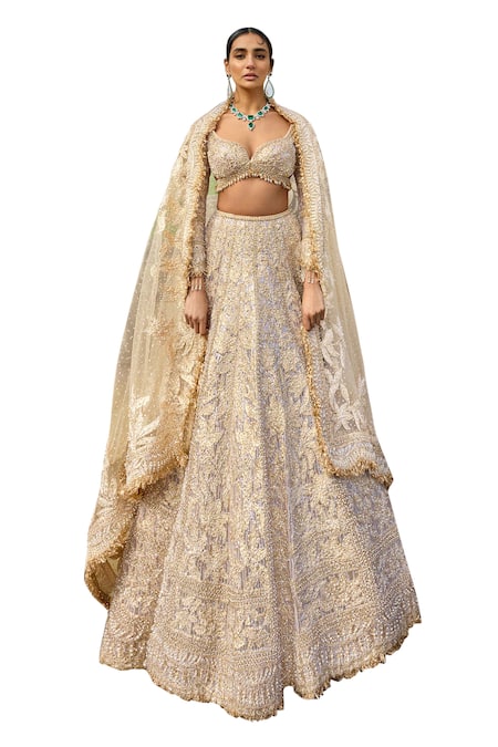Buy Seema Gujral Rose Gold Net Sequins, Crystals, Metallic Floral Embroidered Bridal Lehenga Set Buy_Seema Gujral_Rose Gold Net Sequins, Crystals, Metallic Floral Embroidered Bridal Lehenga Set