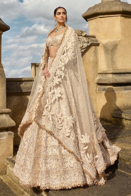 Shop Seema Gujral Rose Gold Net Sequins, Crystals, Metallic Floral Embroidered Bridal Lehenga Set Shop_Seema Gujral_Rose Gold Net Sequins, Crystals, Metallic Floral Embroidered Bridal Lehenga Set