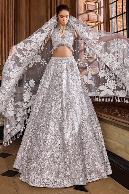 Seema Gujral Metallic Flower Embroidered Bridal Lehenga Set 