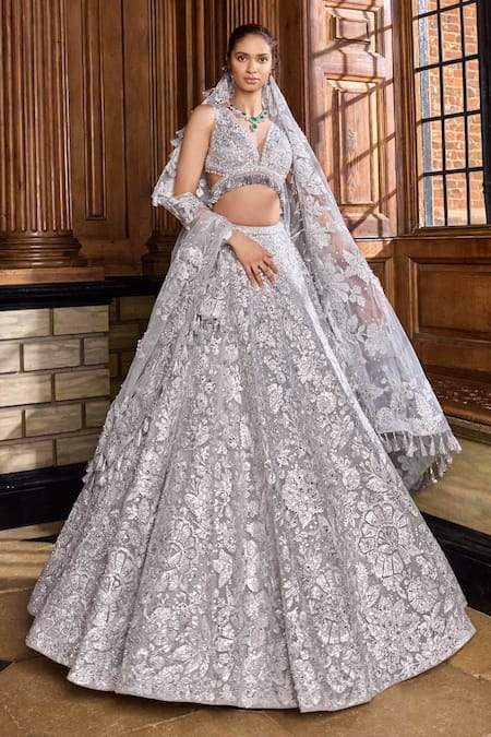 Buy_Seema Gujral_Silver Net Crystals, Sequins, Embroidery Metallic Flower Bridal Lehenga Set_Online_at_Aza_Fashions
