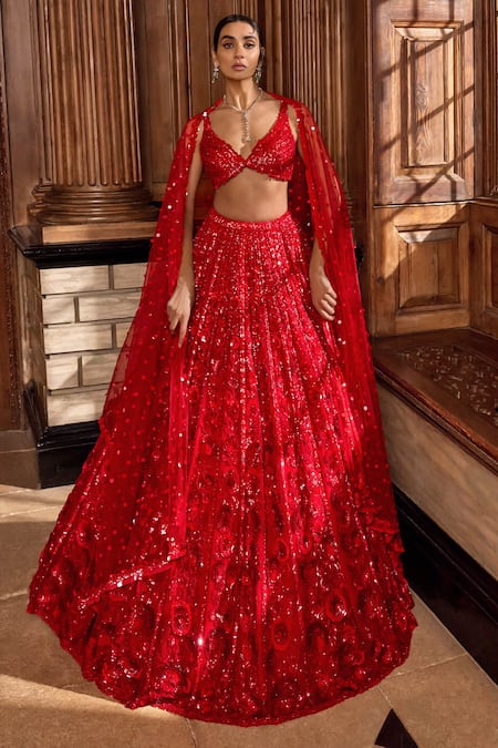 Seema Gujral_Red Net Sequins, Embroidery Plunge Neck Bridal Lehenga Set _Online_at_Aza_Fashions