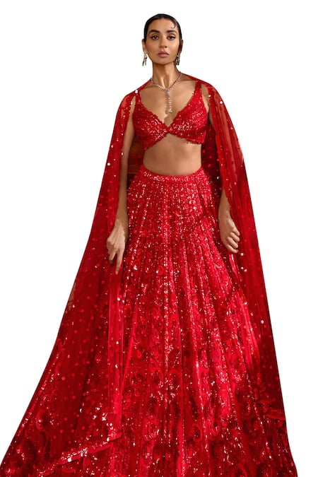 Buy_Seema Gujral_Red Net Sequins, Embroidery Plunge Neck Bridal Lehenga Set _Online_at_Aza_Fashions