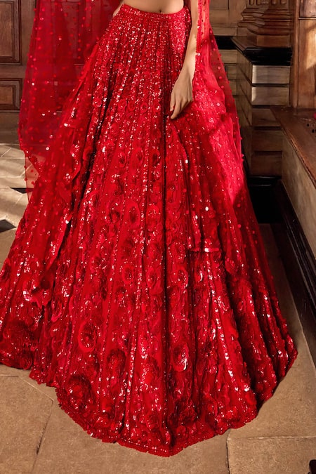 Shop_Seema Gujral_Red Net Sequins, Embroidery Plunge Neck Bridal Lehenga Set _Online_at_Aza_Fashions