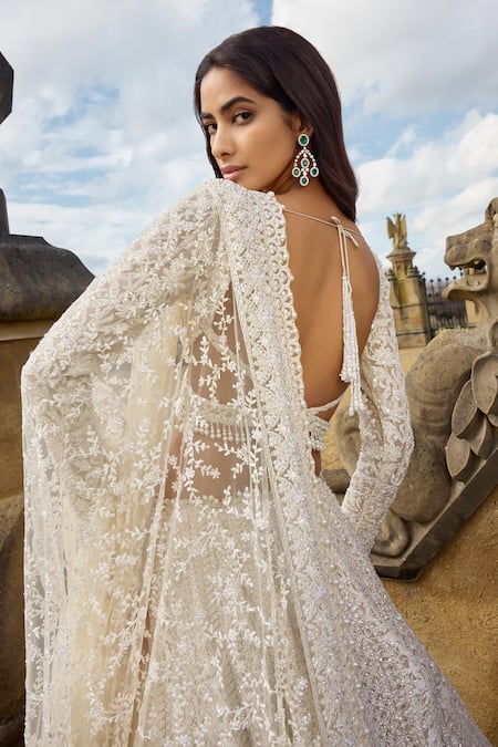 Seema Gujral Ivory Net Pearls, Sequins, Embroidery Plunge Neck Thread Bridal Lehenga Set Online at Aza Fashions Seema Gujral_Ivory Net Pearls, Sequins, Embroidery Plunge Neck Thread Bridal Lehenga Set _Online_at_Aza_Fashions