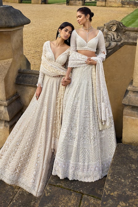Buy Seema Gujral Ivory Net Pearls, Sequins, Embroidery Plunge Neck Thread Bridal Lehenga Set Online at Aza Fashions Buy_Seema Gujral_Ivory Net Pearls, Sequins, Embroidery Plunge Neck Thread Bridal Lehenga Set _Online_at_Aza_Fashions