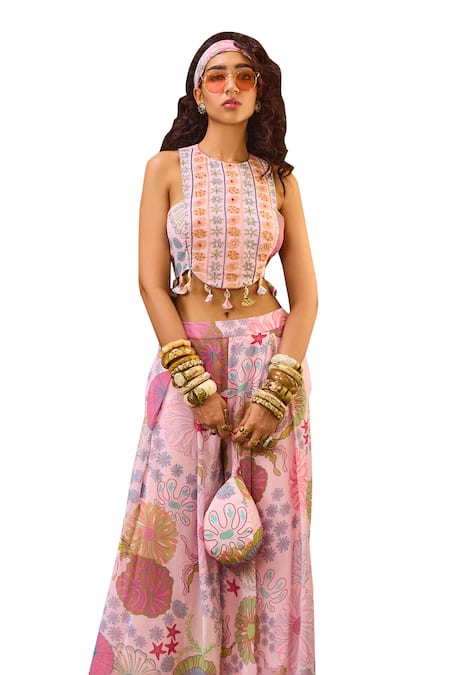 Buy Diyarajvvir Pink Crepe, Georgette Mirrors, Floral Print Pleated Flared Pant With Blouse Online at Aza Fashions Buy_Diyarajvvir_Pink Crepe, Georgette Mirrors, Floral Print Pleated Flared Pant With Blouse _Online_at_Aza_Fashions