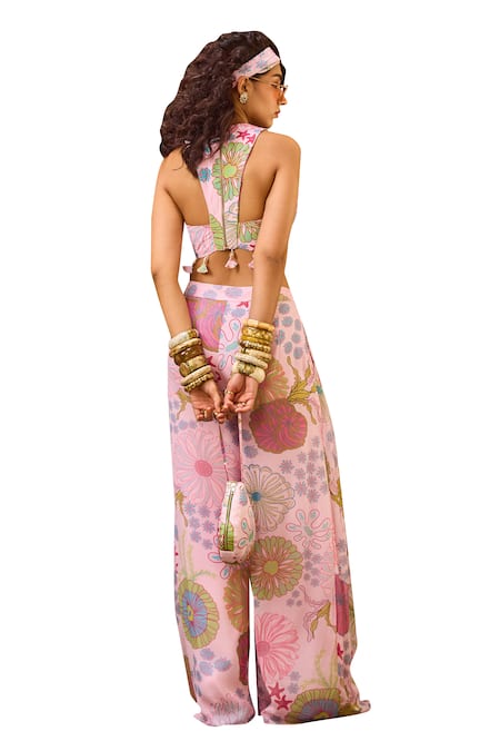 Shop Diyarajvvir Pink Crepe, Georgette Mirrors, Floral Print Pleated Flared Pant With Blouse Online at Aza Fashions Shop_Diyarajvvir_Pink Crepe, Georgette Mirrors, Floral Print Pleated Flared Pant With Blouse _Online_at_Aza_Fashions