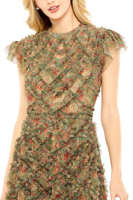 Mac Duggal_Green Net Ruffles High Neck Persian Garden Print Check Midi Dress _Online_at_Aza_Fashions