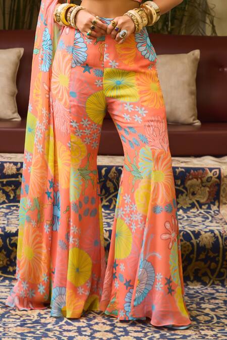 Buy Diyarajvvir Peach Crepe, Georgette Embroidery, Stones Floral Print Flared Pant With Blouse Online at Aza Fashions Buy_Diyarajvvir_Peach Crepe, Georgette Embroidery, Stones Floral Print Flared Pant With Blouse _Online_at_Aza_Fashions