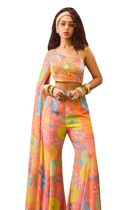 Shop Diyarajvvir Peach Crepe, Georgette Embroidery, Stones Floral Print Flared Pant With Blouse Online at Aza Fashions Shop_Diyarajvvir_Peach Crepe, Georgette Embroidery, Stones Floral Print Flared Pant With Blouse _Online_at_Aza_Fashions