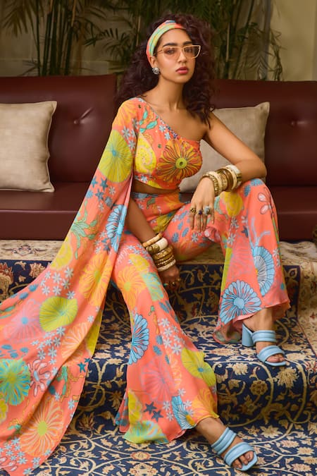 Buy Diyarajvvir Peach Crepe, Georgette Embroidery, Stones Floral Print Flared Pant With Blouse Buy_Diyarajvvir_Peach Crepe, Georgette Embroidery, Stones Floral Print Flared Pant With Blouse