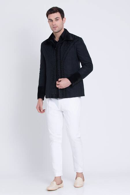 Arun Verma Black Linen Embroidery Geometric Velvet Applique Resham Jacket Online at Aza Fashions Arun Verma_Black Linen Embroidery Geometric Velvet Applique Resham Jacket _Online_at_Aza_Fashions