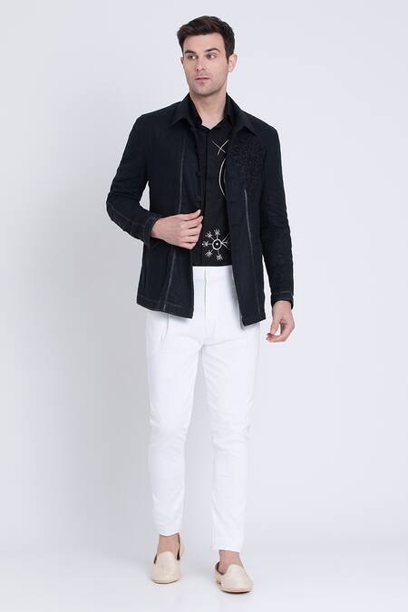 Arun Verma Black Linen Embroidery Geometric Velvet Applique Resham Jacket at Aza Fashions Arun Verma_Black Linen Embroidery Geometric Velvet Applique Resham Jacket _at_Aza_Fashions
