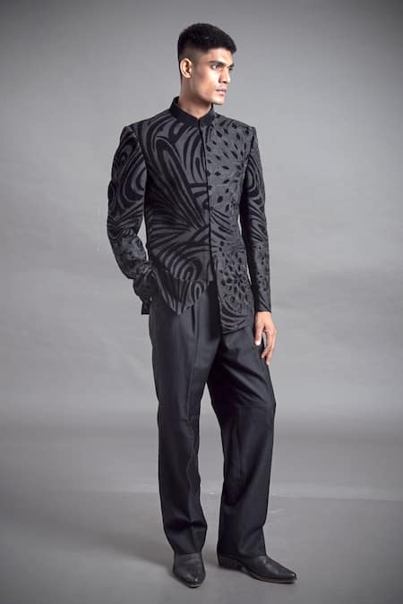 Arun Verma_Black Linen Flora Velvet Applique Bandhgala _Online_at_Aza_Fashions