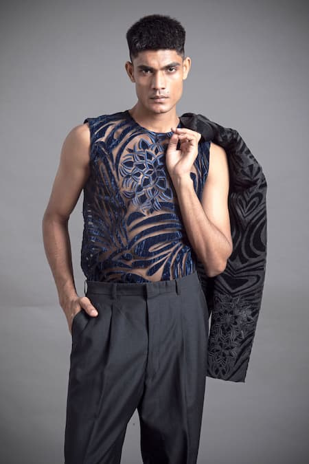 Buy_Arun Verma_Black Linen Flora Velvet Applique Bandhgala _Online_at_Aza_Fashions