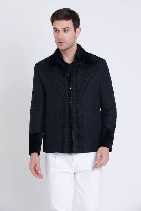 Arun Verma_Black Linen Embroidery, Applique Prism Velvet Resham Jacket _Online_at_Aza_Fashions